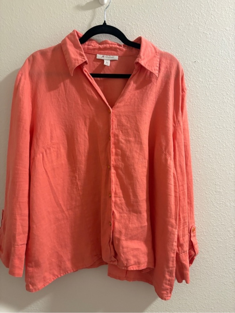 JM Collection 100% Linen Coral Button Front Roll Tab Shirt Size 18 Plus